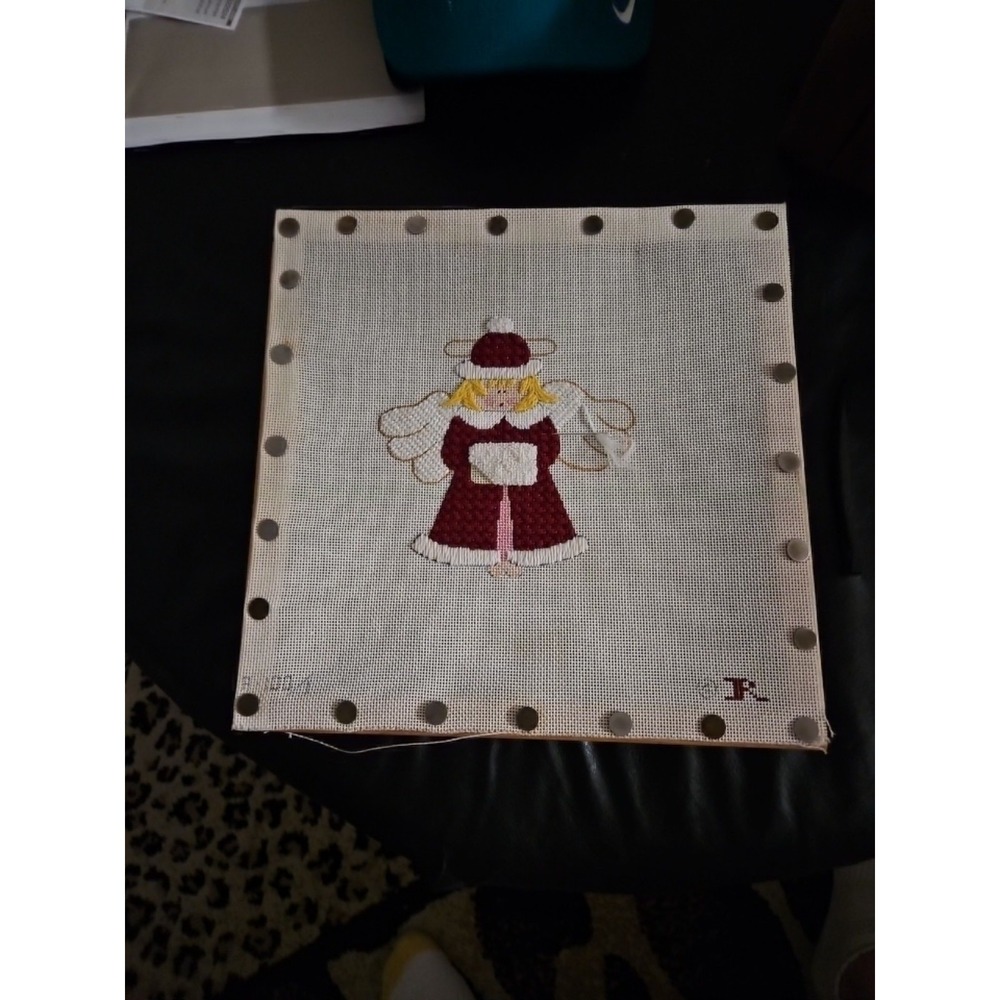 Needlepoint 11 inch Square snow angel girl frame partial started Christmas Holy